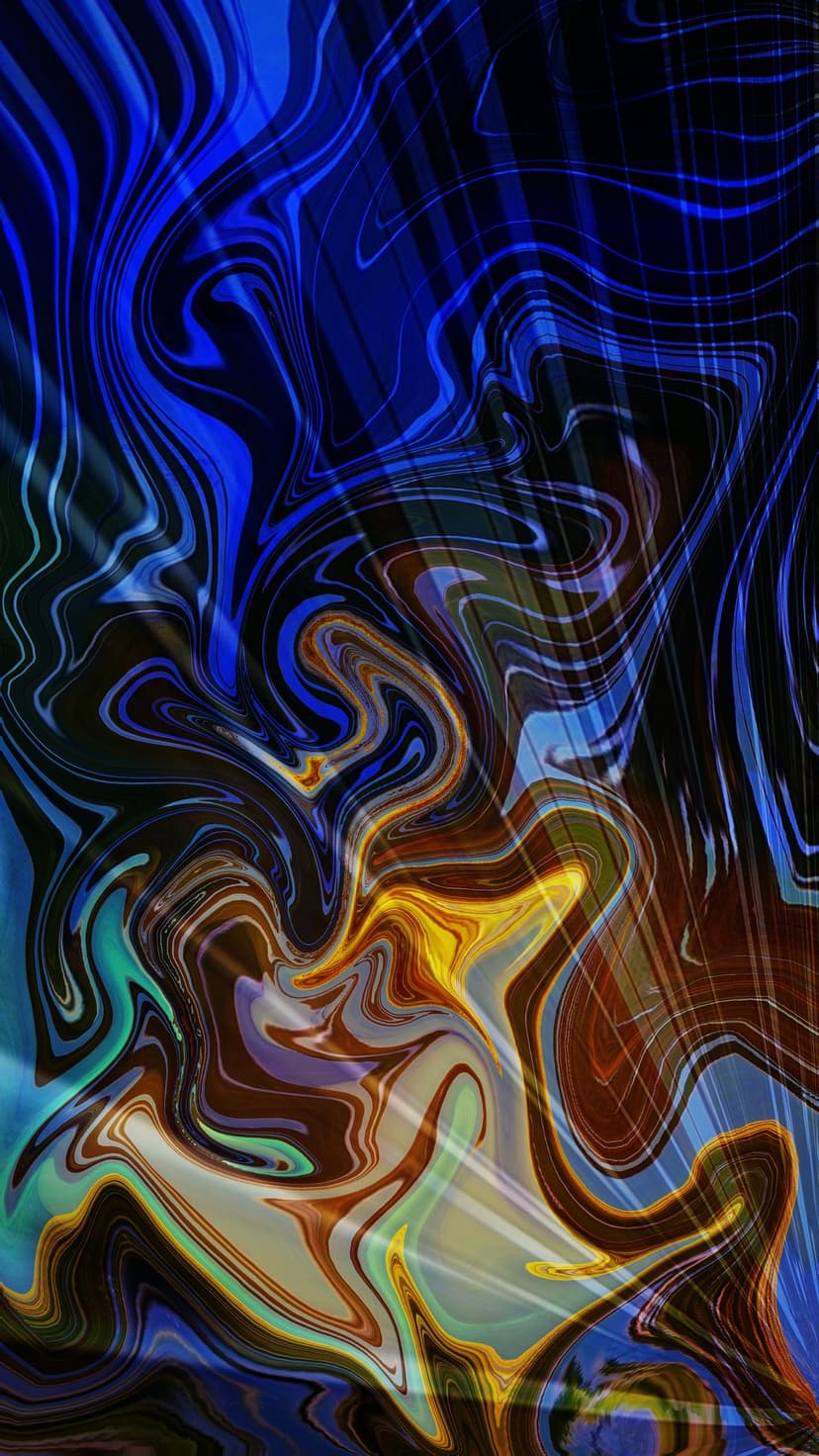 Blue and yellow liquid swirls intertwine with brown marble veins in a flowing vertical abstract composition.
