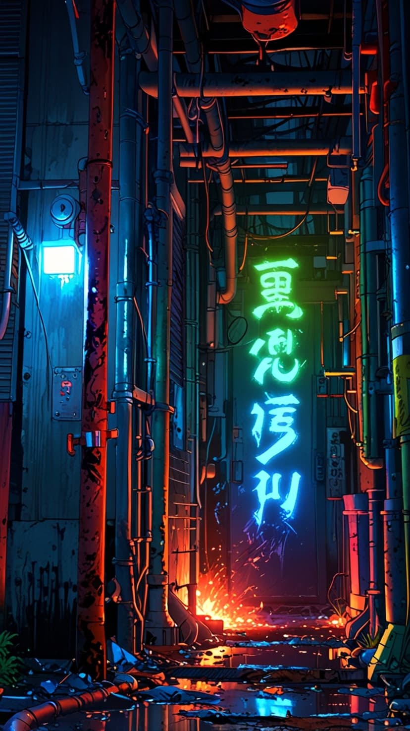 Neon-lit industrial pipes and glowing street signs line a dark, wet alleyway with vibrant orange sparks.