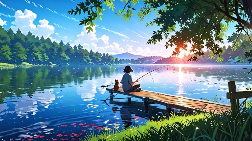 Fisherman and a small cat sit on a wooden pier overlooking a calm lake reflecting a vibrant orange sunset.