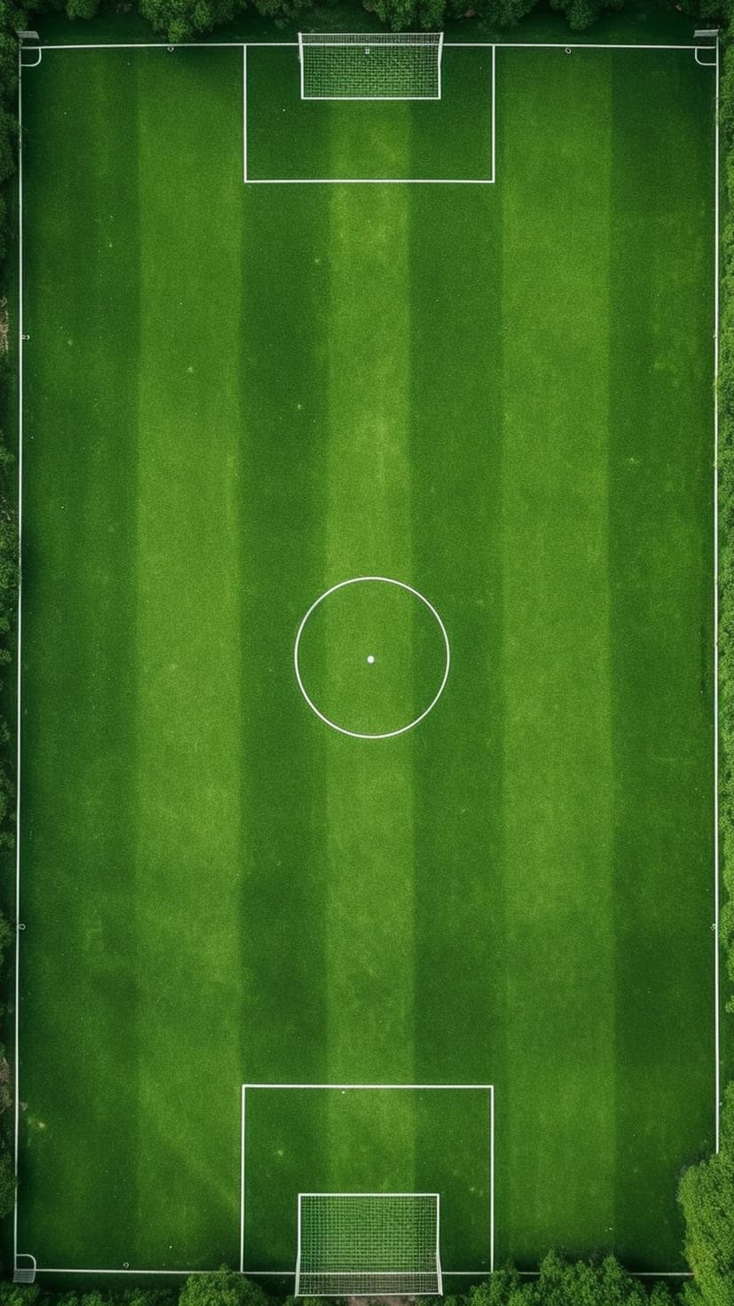 Green soccer field with white boundary lines and goal nets seen from a top-down aerial drone perspective.