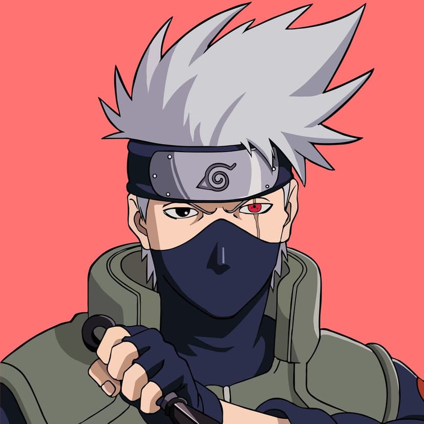 Kakashi Hatake with silver hair, a forehead protector, and a red Sharingan eye posing against a pink background.
