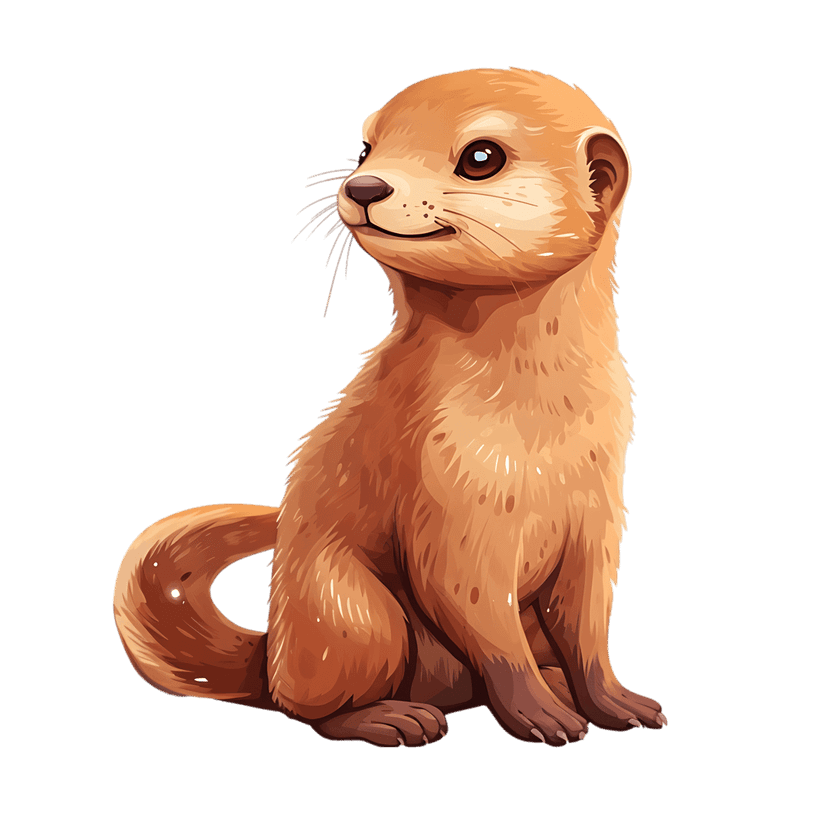 Ferret digital illustration featuring brown fur, white whiskers, and a curled tail on a transparent background.