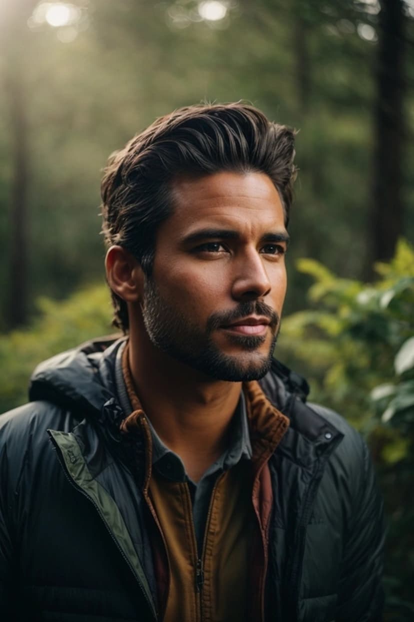 Bearded man wearing a dark jacket and tan shirt stands amidst blurred green trees and soft woodland light.