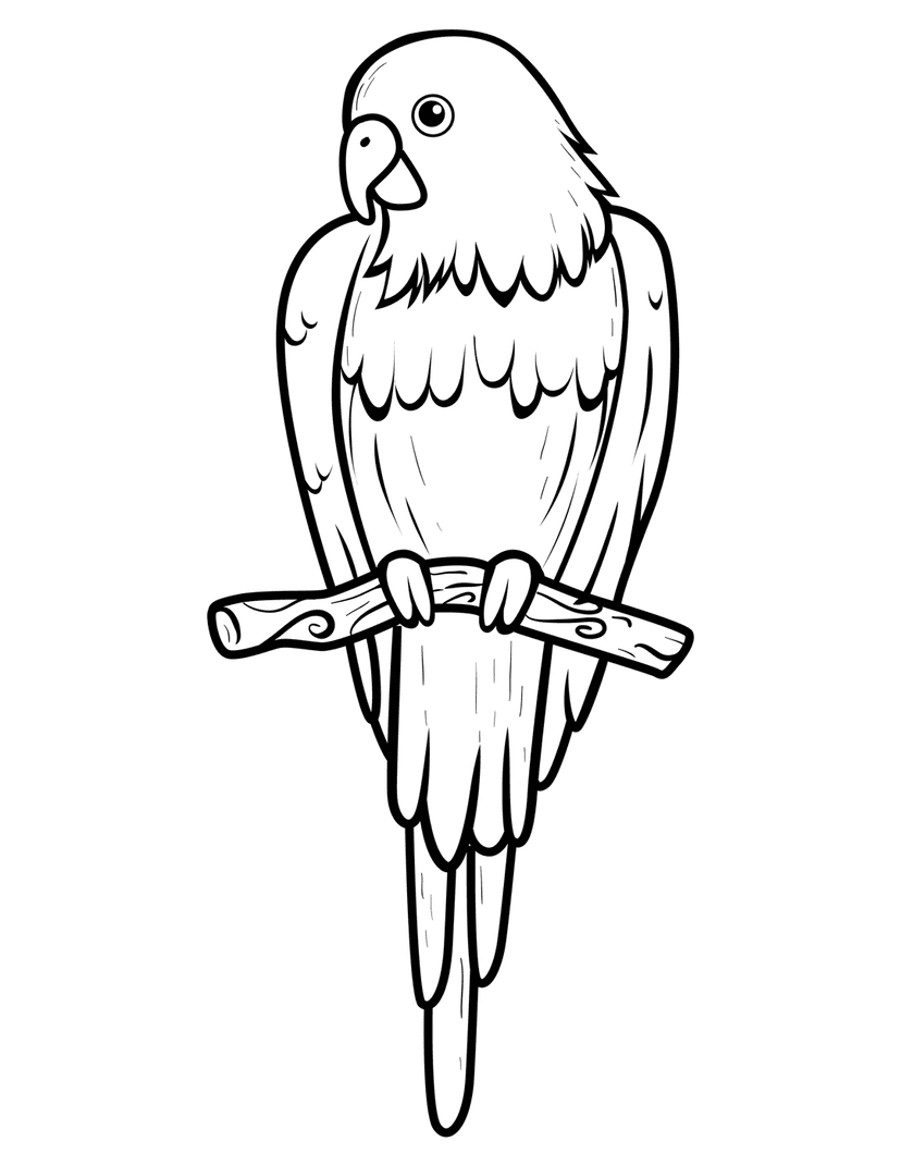 Parrot line art illustration featuring a detailed bird perched on a wooden branch in black and white profile.