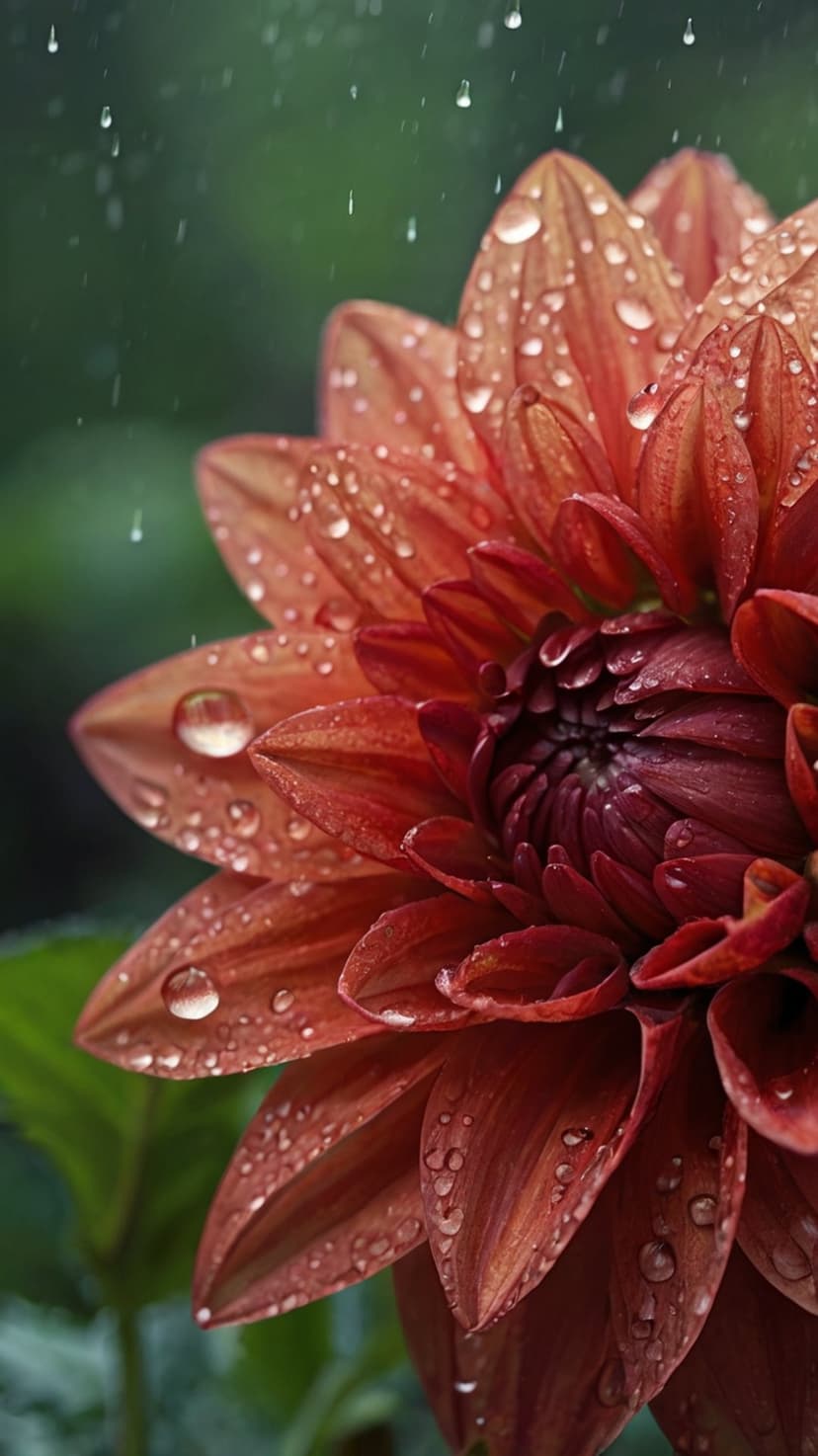 Deep orange dahlia flower with raindrops on its textured petals set against a soft bokeh green garden backdrop.