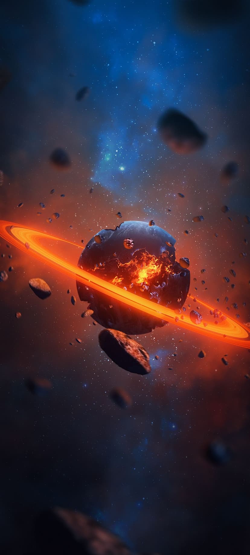Flaming planet with a glowing orange ring surrounded by drifting asteroids and a purple celestial nebula gas.