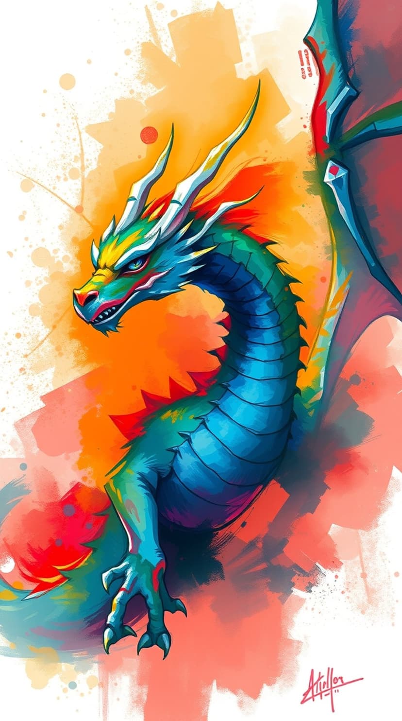Blue serpentine dragon with yellow accents curves against a backdrop of swirling orange and red fire.