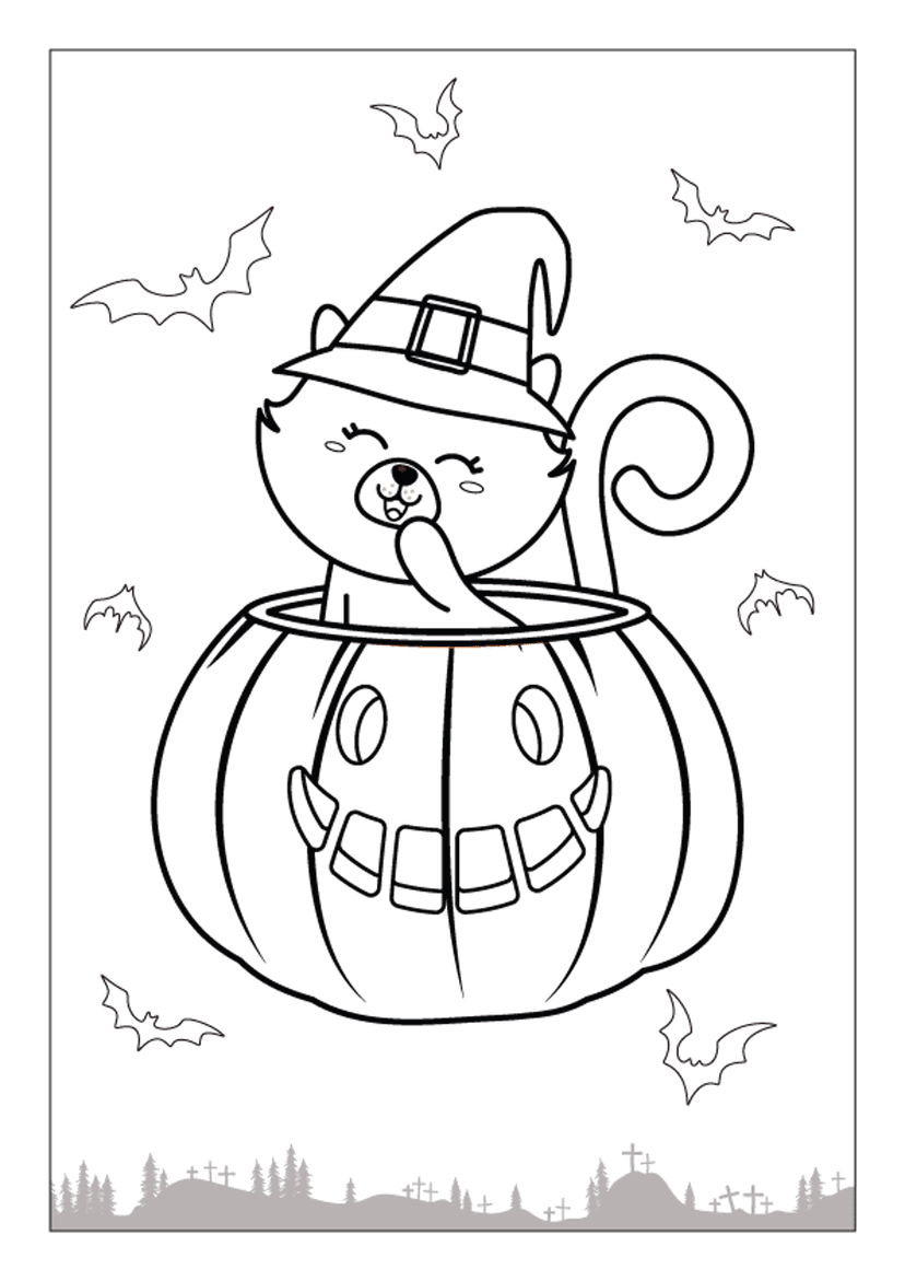 Halloween cat coloring page featuring a kitten in a pumpkin and witch hat with bats in the graveyard sky.