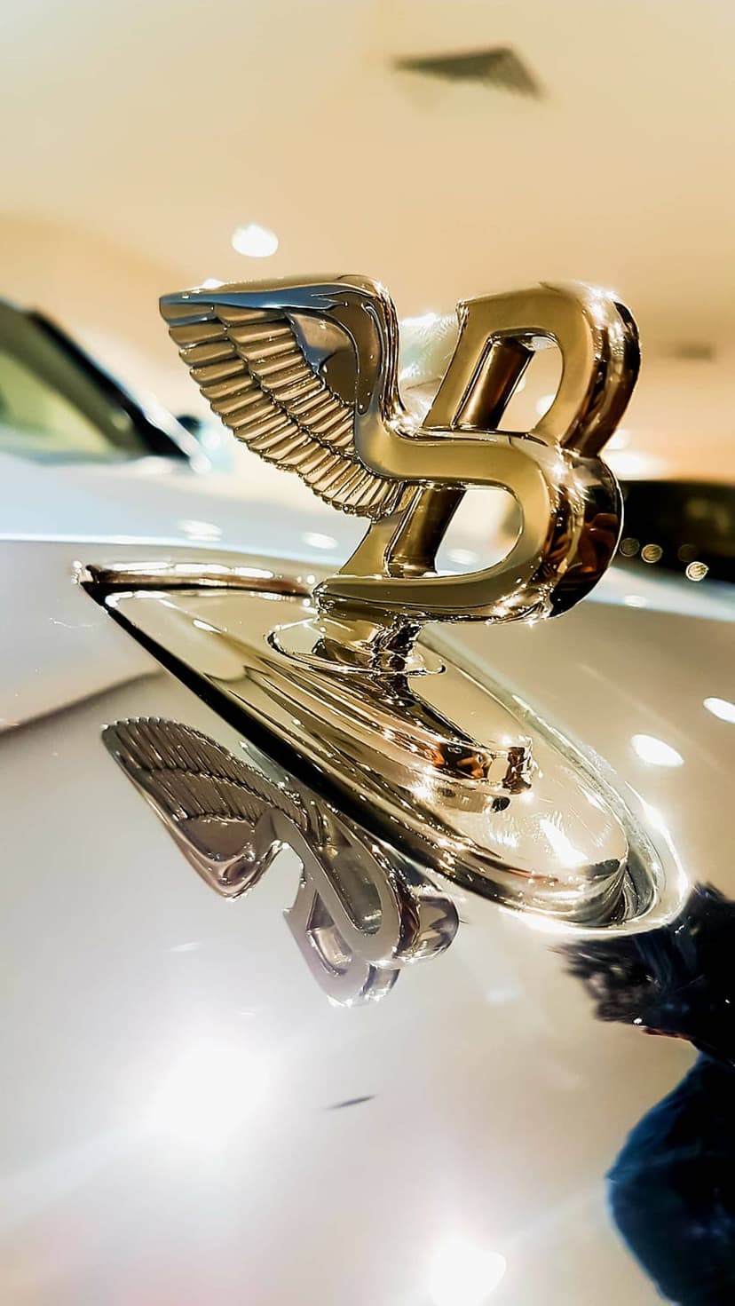 Bentley Flying B chrome hood ornament with silver wings reflecting light on a polished dark car surface.
