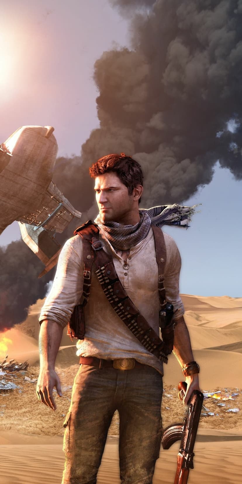 Nathan Drake stands in a sunlit desert with a crashed plane and black smoke in this Uncharted mobile background.