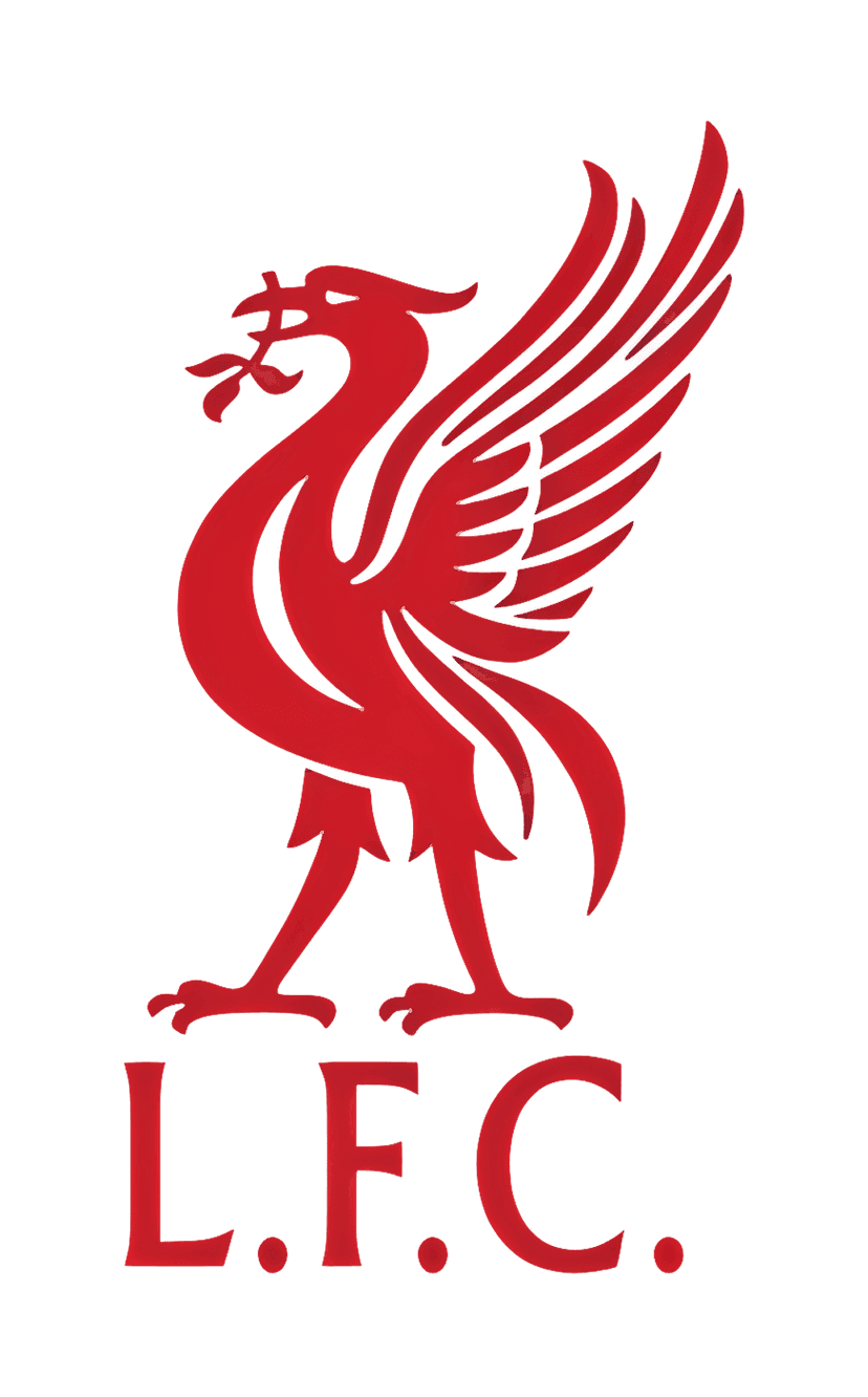 Liverpool Football Club crest featuring a red shield, Liver bird, teal scrollwork, and eternal flames.