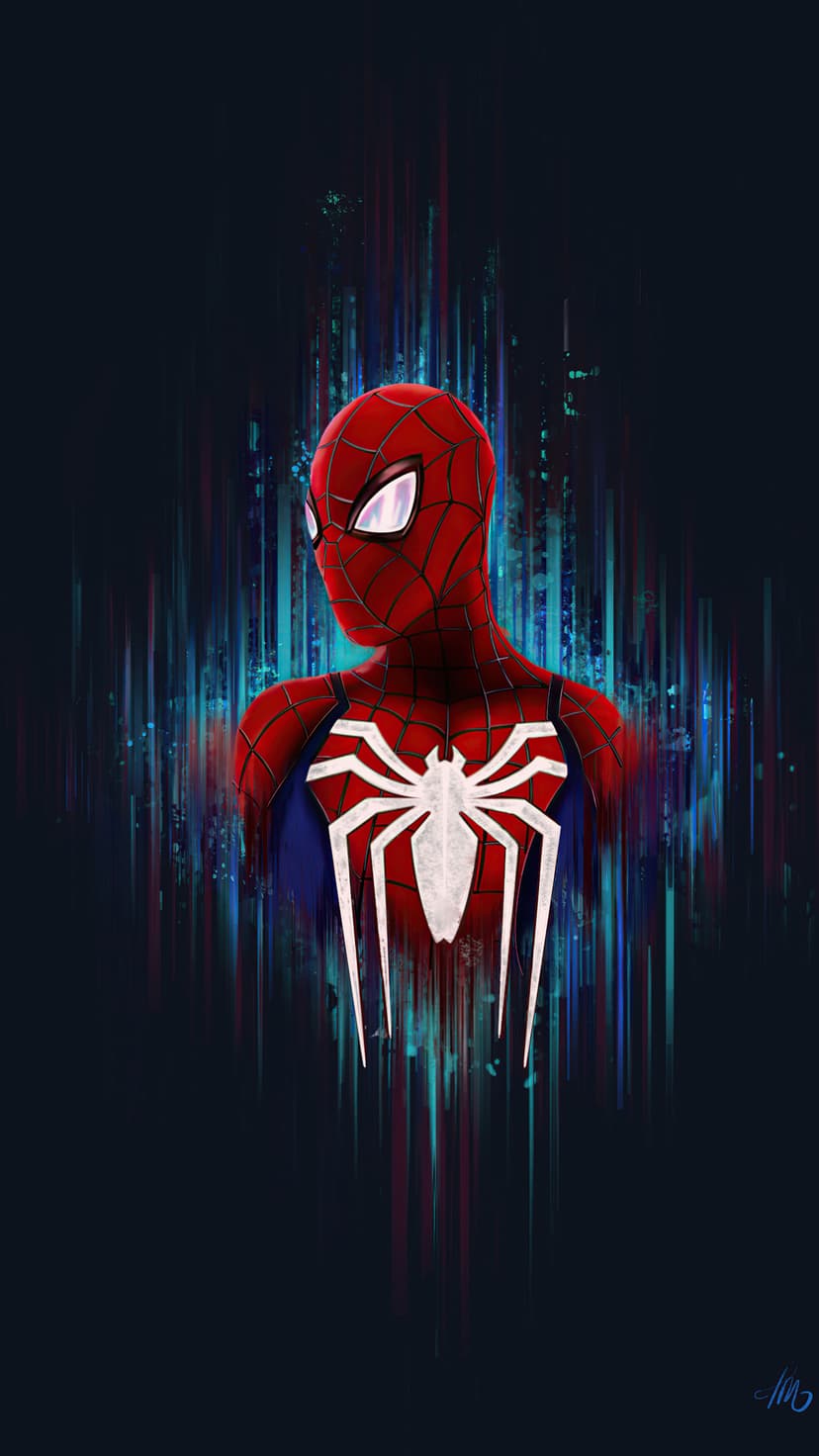 Spider-Man in a red and blue suit with a white emblem against a vertical blue and teal glitch art background.