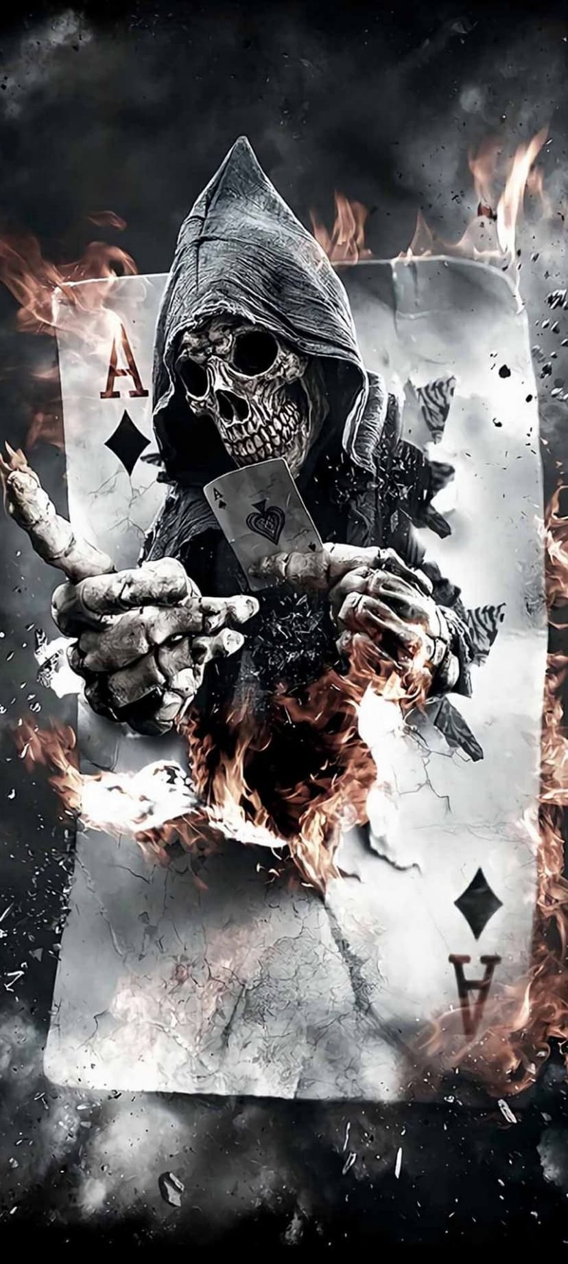 Grim Reaper skeletal hand holds a burning Ace of Spades card surrounded by swirling orange fire and thick smoke.