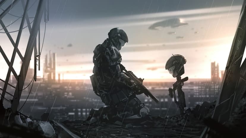Armored soldier kneeling before a helmet on a rifle memorial in a rainy, war-torn city at sunset.
