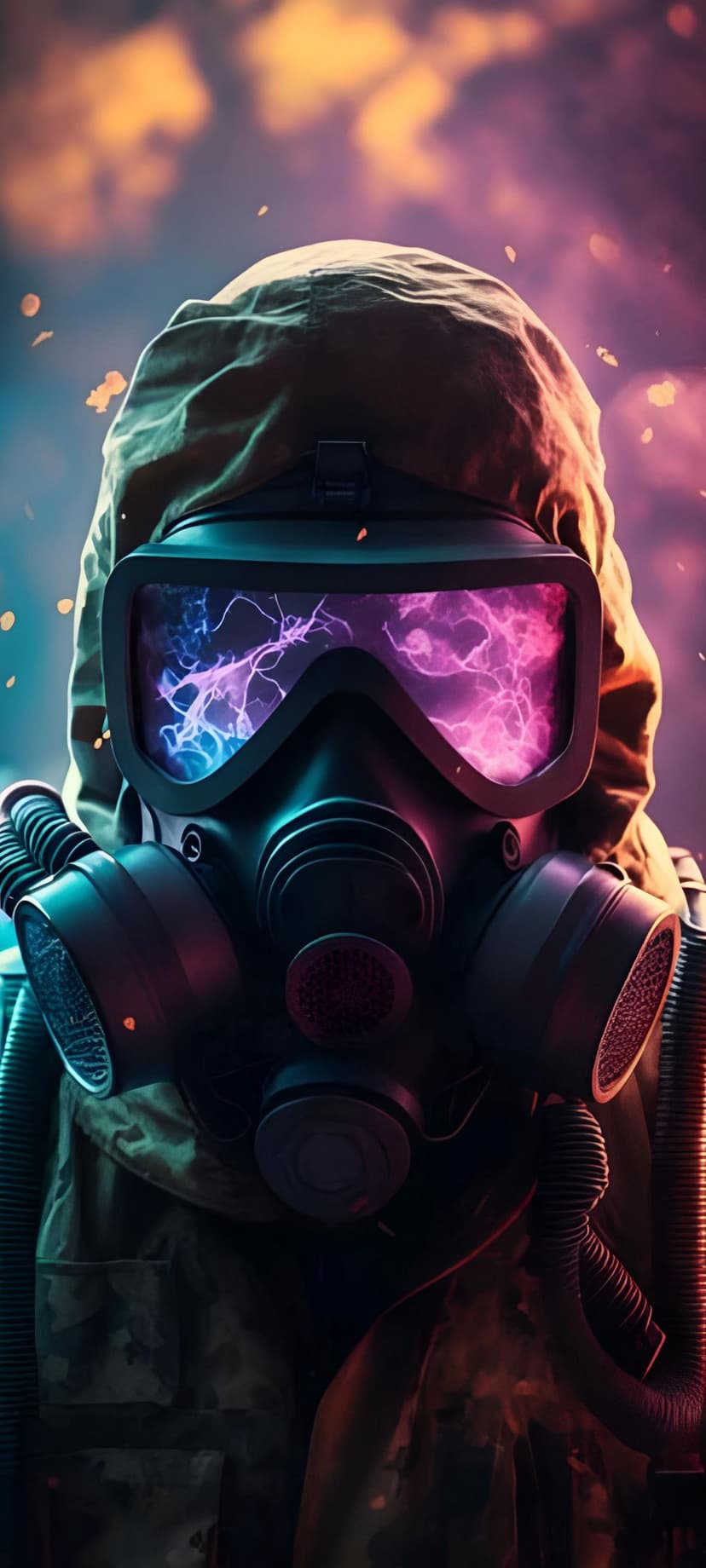 Masked soldier wearing a hood with blue lightning reflecting in goggles against a fiery orange sunset sky.