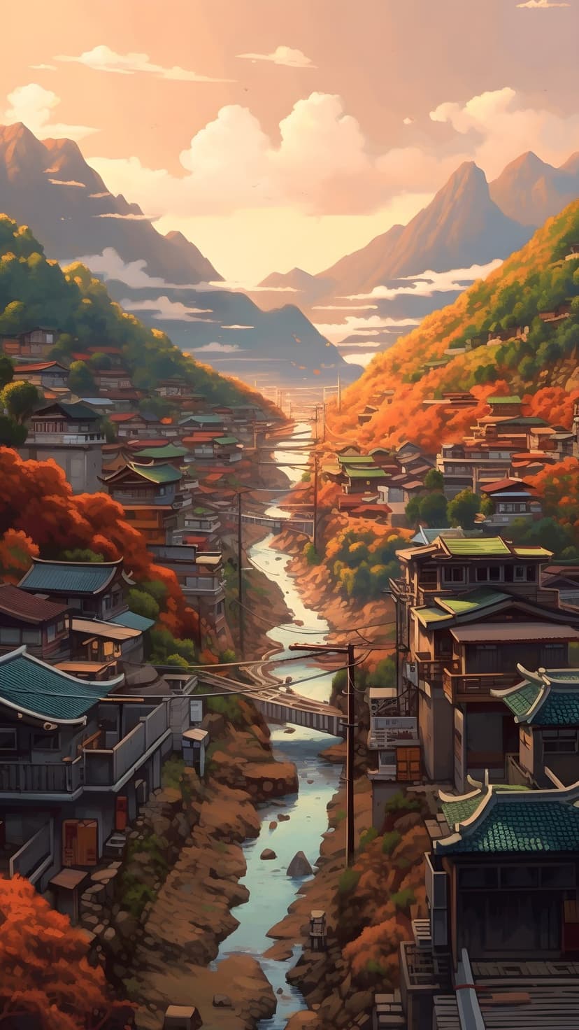 Traditional Japanese houses sit beside a river in a mountain valley under a soft sunset sky with autumn trees.