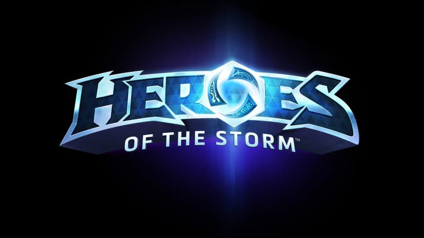 Metallic blue Heroes of the Storm logo with a glowing central emblem on a high-contrast black background.