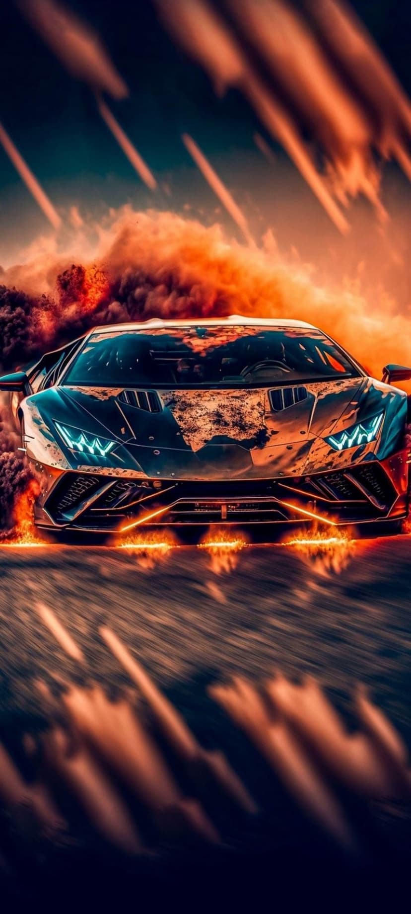 Black Lamborghini speeding through intense orange flames and smoke on a dark asphalt road at night.