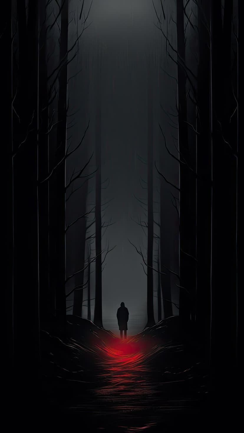 Silhouetted man stands before a glowing red path winding through dark misty trees under a dense forest canopy.