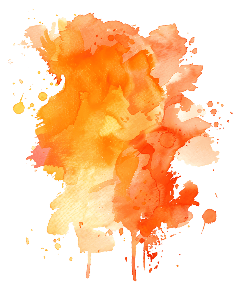 Orange watercolor splash features vibrant tangerine pigment with natural paper texture and feathered edges.