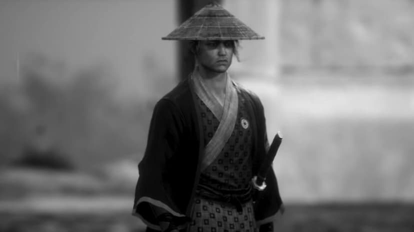 Samurai warrior wearing a conical sedge hat and patterned kimono in a cinematic black and white landscape.