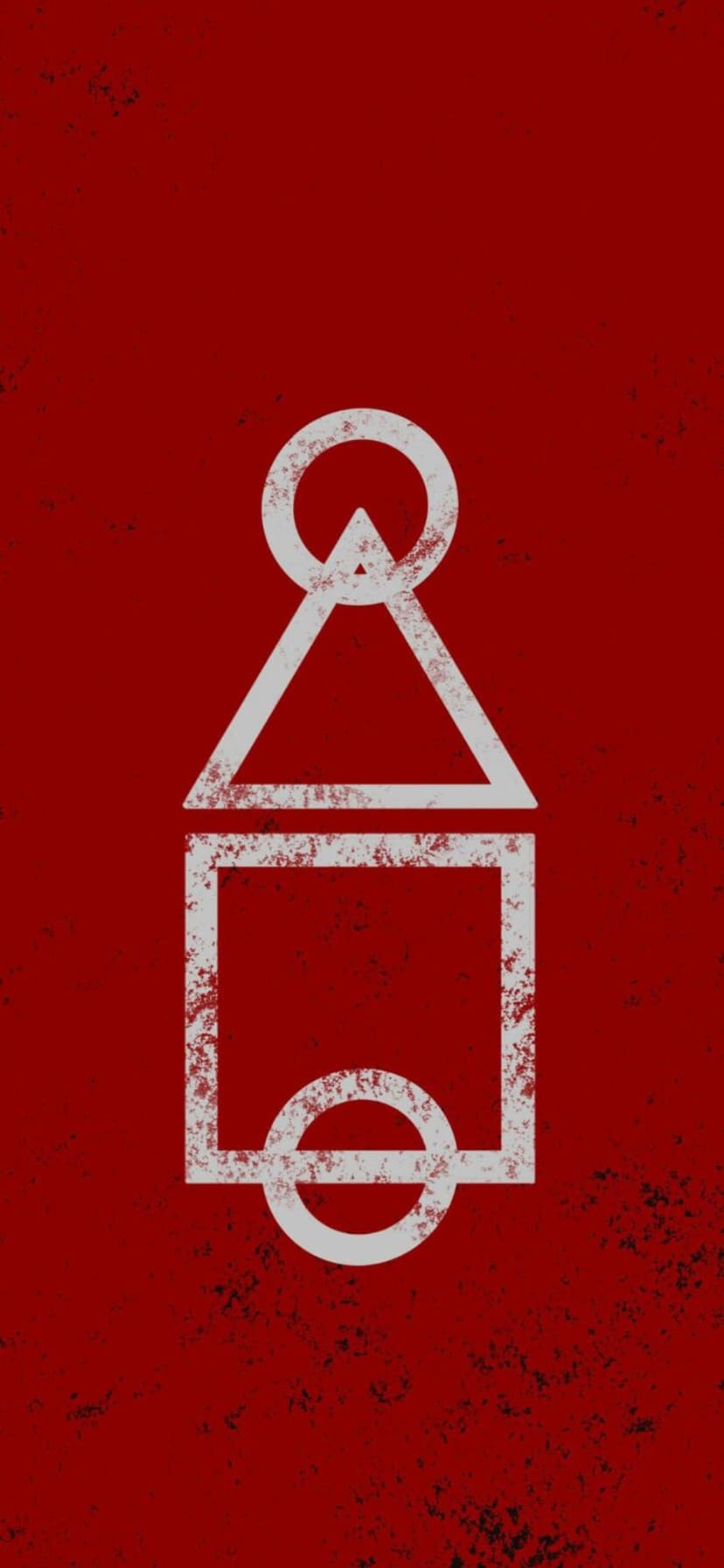 Circle, triangle, and square white outlines appear on a textured red background with a weathered grunge effect.