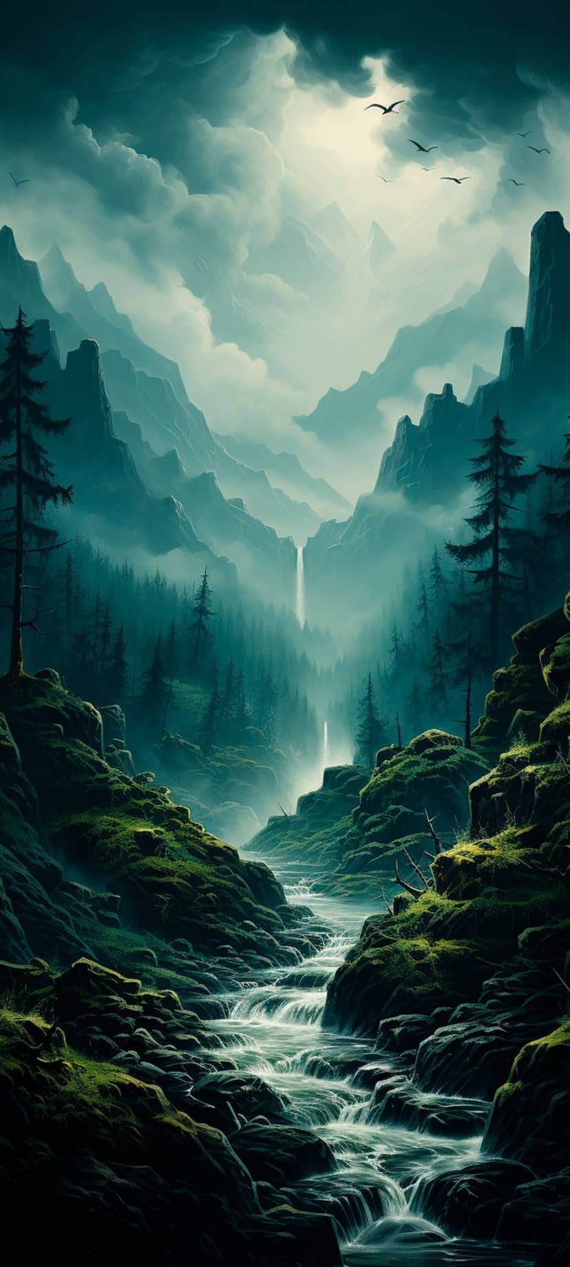 Waterfall cascading down misty mountains into a forest river with mossy rocks and birds flying across a cloudy sky.