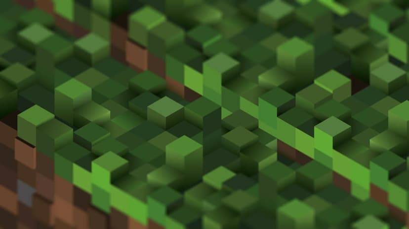Green voxel grass blocks in an isometric 3D landscape featuring shallow depth of field and soft top lighting.