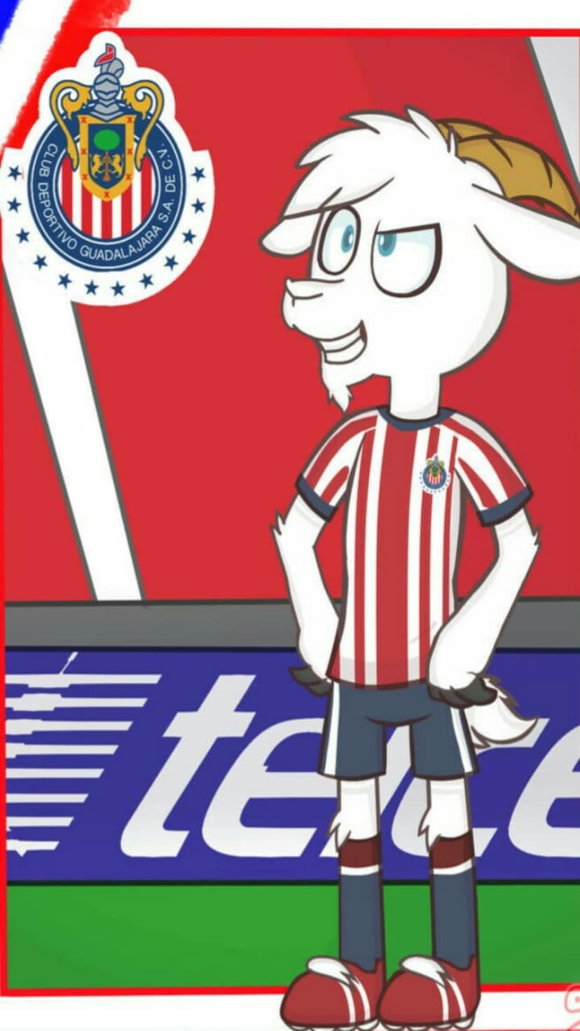 Chivas goat mascot wearing a red and white striped soccer jersey on a green field with a blue stadium banner.