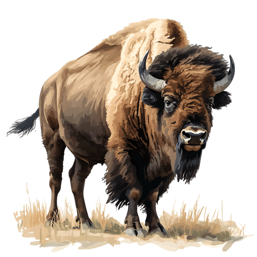 Bison digital painting features a shaggy brown buffalo standing in golden prairie grass over black background.