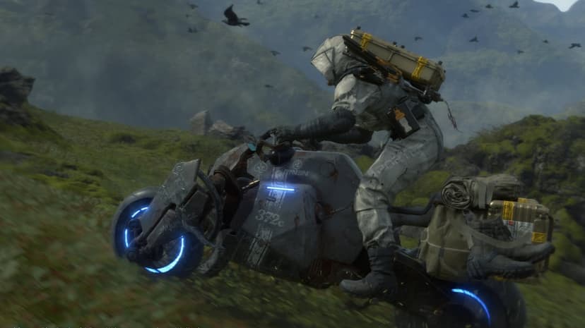 Futuristic rider on a rusted motorcycle with blue lights traveling across a lush green mountain slope.