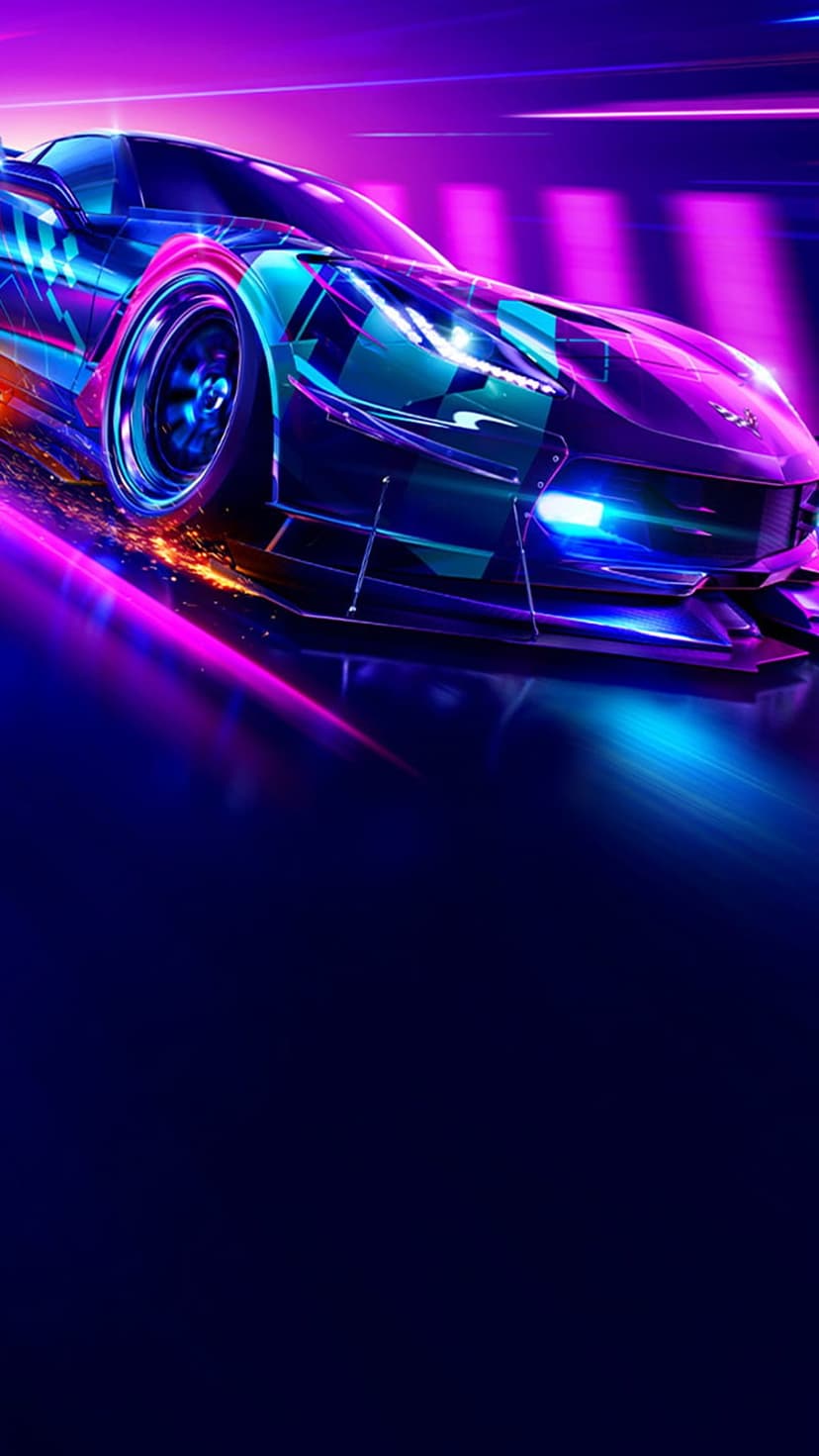 Futuristic supercar with glowing accents speeds through a blurred night cityscape with vibrant light trails.
