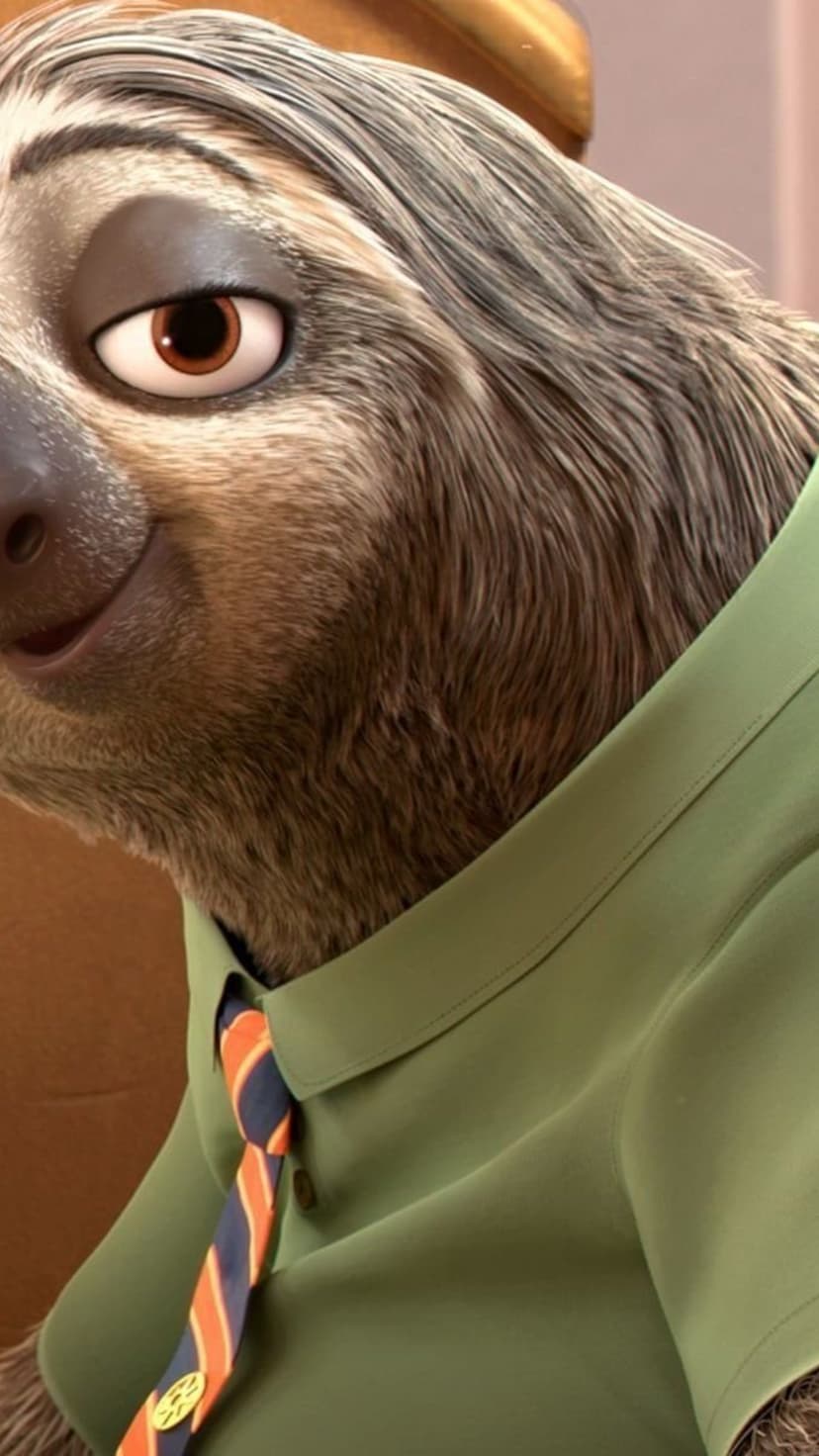 Flash Sloth wears a green collared shirt and striped tie, featuring detailed fur and a large, expressive eye.