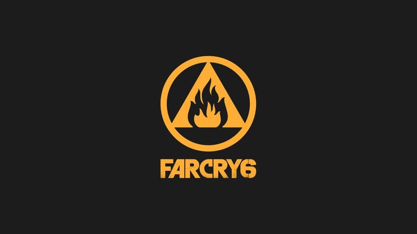 Orange Far Cry 6 logo and flame icon centered on a dark gray textured background for desktop wallpaper.