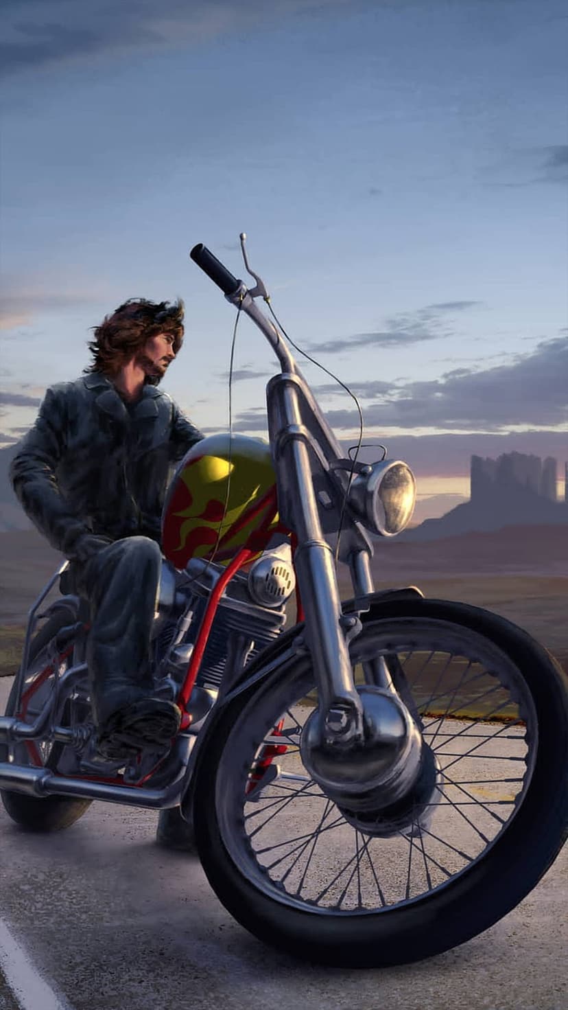 Man with brown hair sits on a chrome motorcycle with flame decals against a desert backdrop of rock formations.