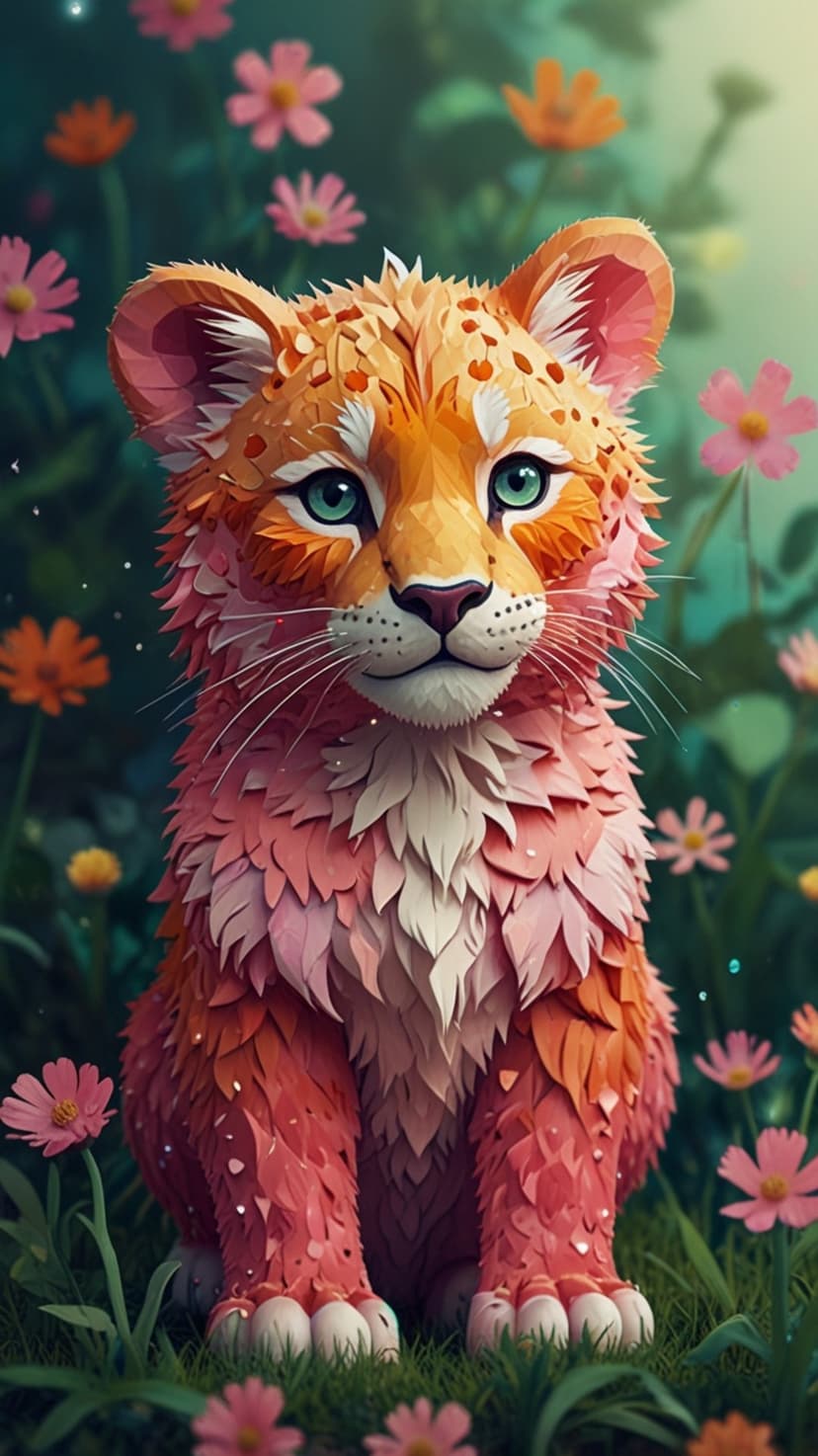 Stylized cat with orange petal-like fur and large green eyes sitting in a field of soft pink and orange flowers.