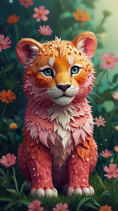Cute Fictional Feline Sitting Among Flowers