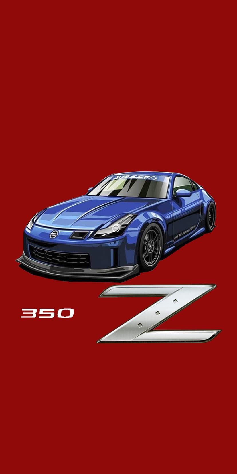 Blue Nissan 350Z sports car angled against a red backdrop with a metallic silver Z emblem and white text.