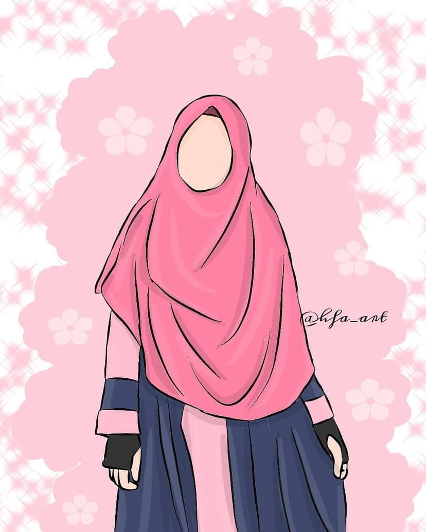 Muslim woman in a rose-pink hijab and azure dress stands against a sparkling pastel floral backdrop.