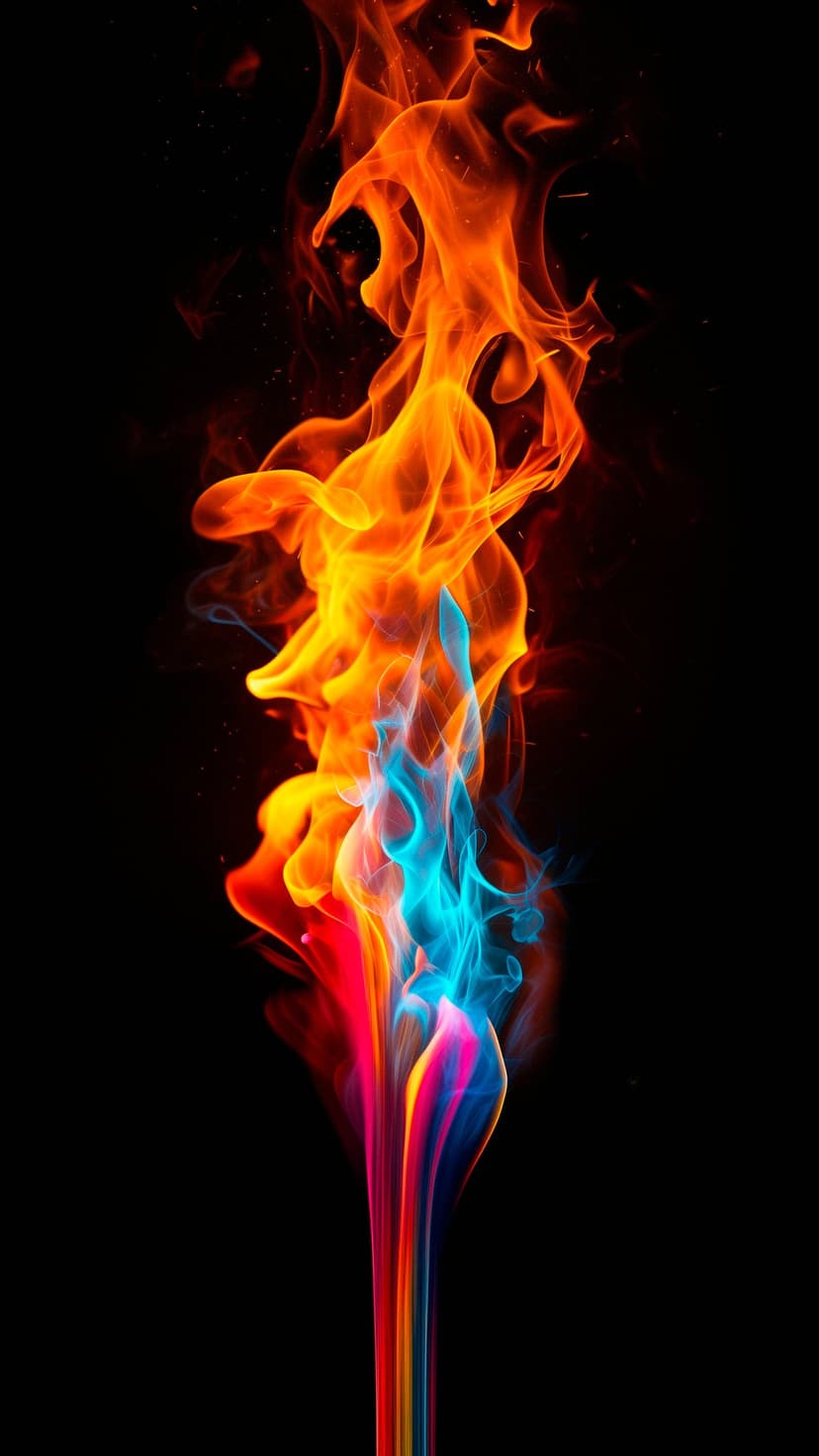 Swirling blue and orange flames twist upwards against a black backdrop with glowing embers and smoke wisps.