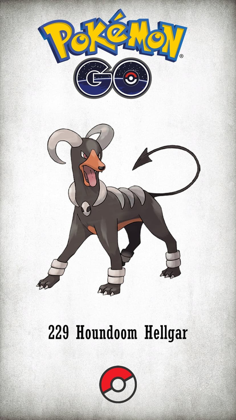 Houndoom with curved horns and bone ridges on a textured gray background with Pokémon GO branding and a Poké Ball.