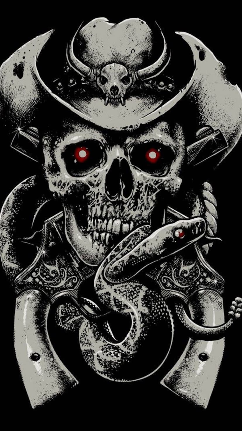 Skull in a horned cowboy hat with a snake coiled through its eyes between two revolvers on a white background.