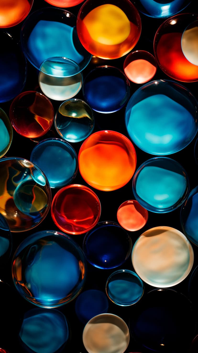 Translucent colorful spheres in blue, red, and yellow reflect light against a dark and shadowy background.