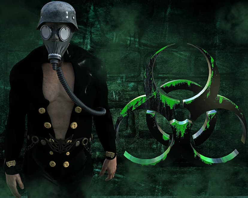 Tactical soldier in a respirator stands next to a luminous green biohazard symbol inside a thick toxic fog.