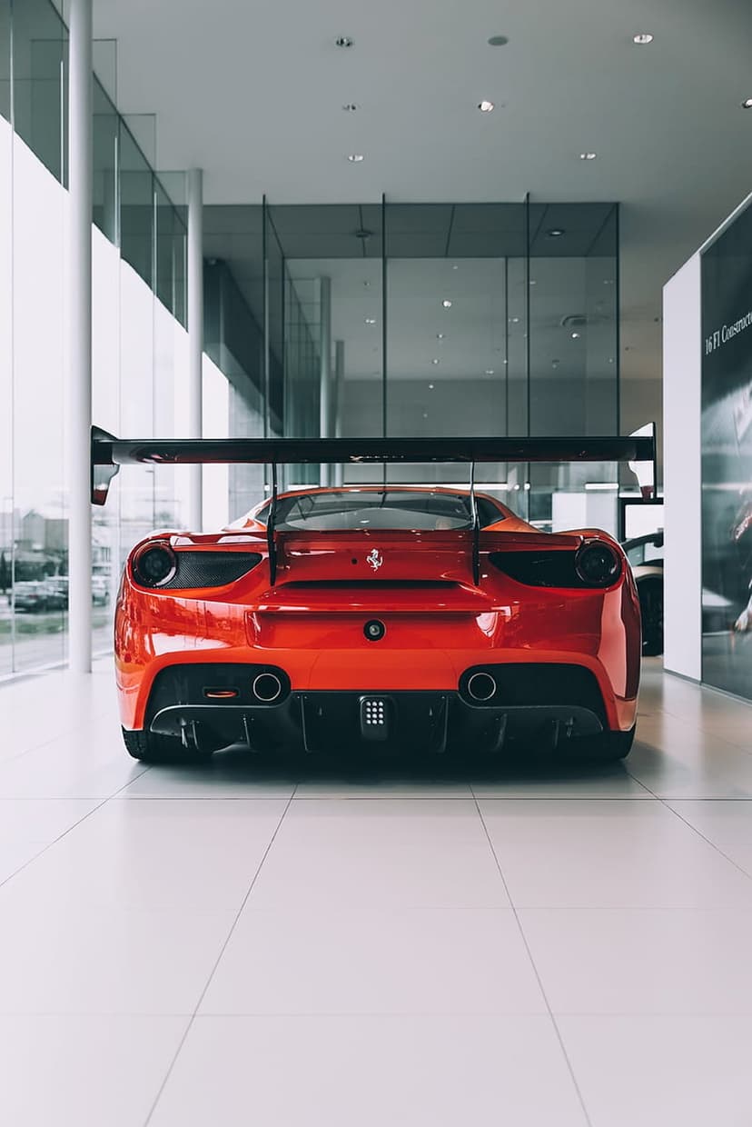Red Ferrari rear view with a large spoiler and dual exhausts on a reflective showroom floor with glass windows.