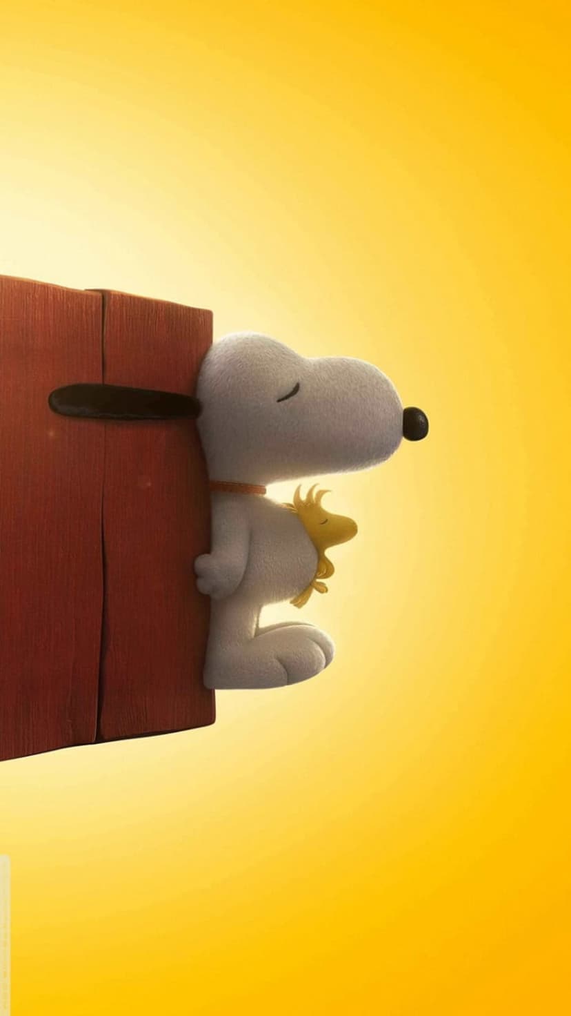 Snoopy peeks around a red doghouse with Woodstock perched on his back against a solid bright yellow background.