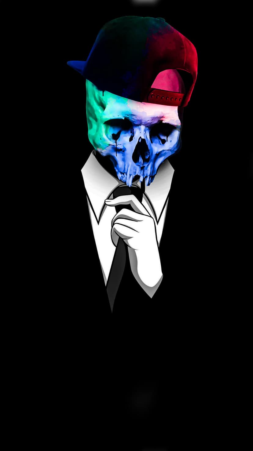 Human skull wearing a blazer and colorful baseball cap while adjusting a necktie under blue and green lighting.