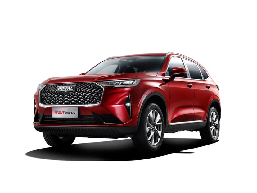 Red Haval H6 SUV with a chrome mesh grille and LED headlights on a white background with a soft shadow.