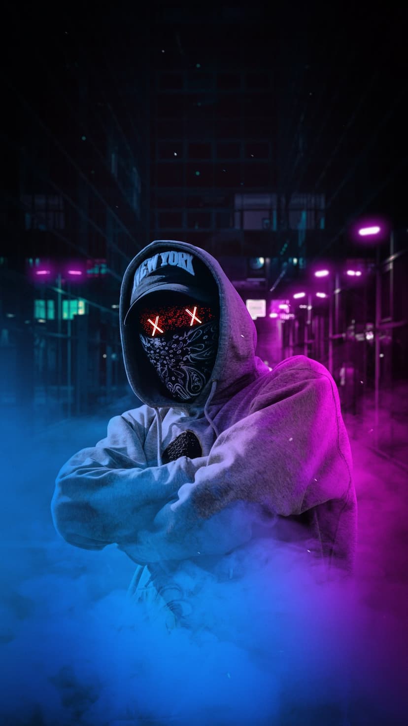 Hooded person with glowing red X eyes wears a New York cap in a purple and blue smoke-filled neon alleyway.