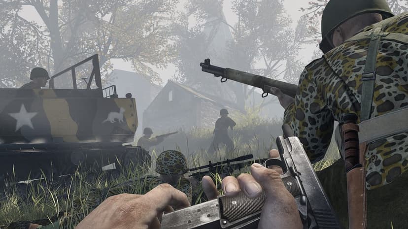 Soldiers and a camouflaged tank advance through a foggy autumn field in a first-person combat scene.